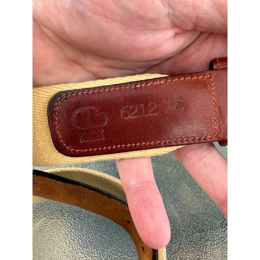 Dooney & Bourke Vintage Canvas Leather Belt Tan Brown Solid Brass Buckle 36 6212